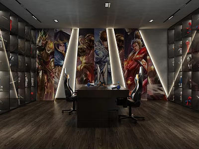 Esports Themed Room With Gaming Character Posters Display Cabinets And Office Desk Chairs 3d model