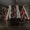 Esports Themed Room With Gaming Character Posters Display Cabinets And Office Desk Chairs