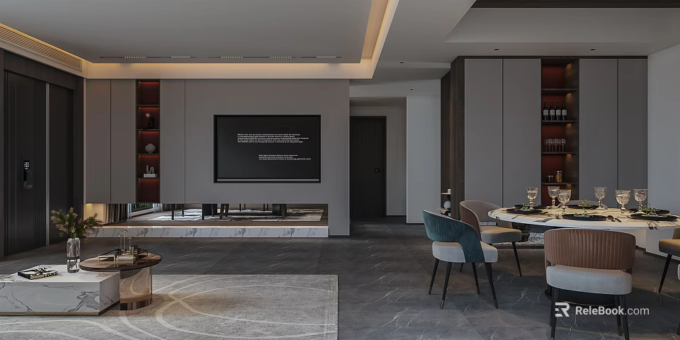 Modern Living Dining Room Interior Design With Sofa Dining Table Marble Floor And Ceiling Lighting 3d model