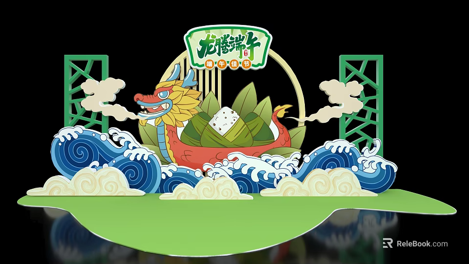 Vibrant Dragon Boat Festival Decorations Featuring Red Dragon Boat Zongzi Green Waves And White Clouds 3d model 