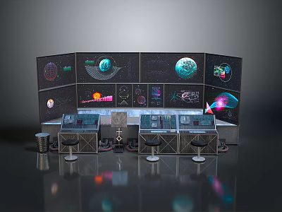 Space Control Center With Multiple Display Panels Showing Planets And Control Console 3d model
