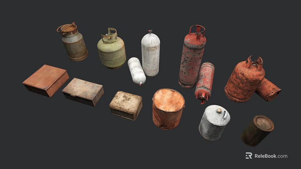 Rusty Metal Daily Life Supplies Including Gas Cylinders And Storage Boxes 3d model 