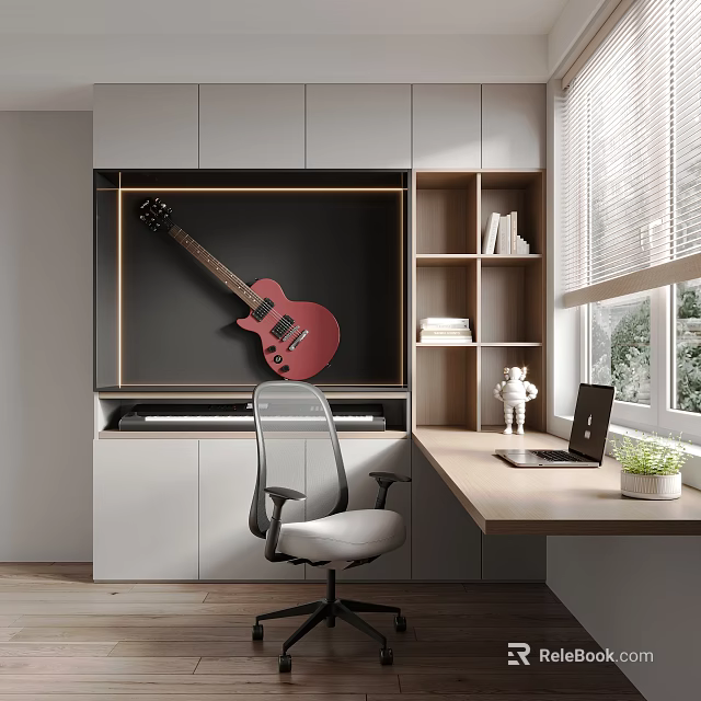 Modern Study Room Interior Design With Wooden Desk Ergonomic Chair Red Guitar Built-in Bookshelf And Laptop 3d model 