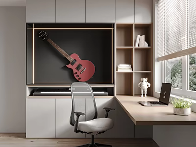 Modern Study Room Interior Design With Wooden Desk Ergonomic Chair Red Guitar Built-in Bookshelf And Laptop 3d model