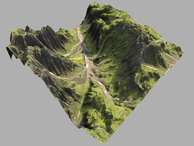 Scenic Mountain Landscape With Green Rolling Valleys Light Colored Paths And Lush Vegetation 3d model