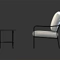 Modern Two Seater Sofa With White Cushions Black Metal Armrests And Gray Top Coffee Table