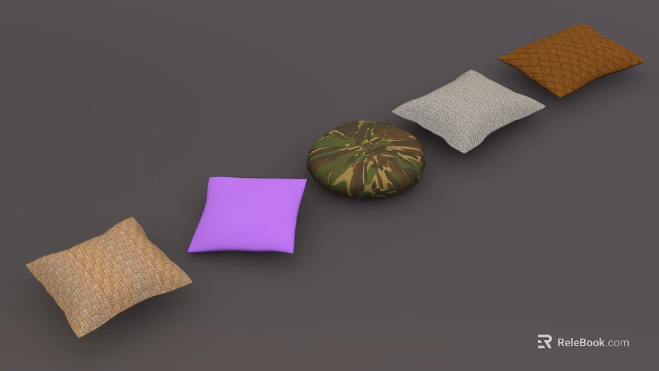 Colorful Decorative Floor Cushions With Purple Camouflage Gray And Woven Textures 3d model 