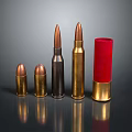 Assorted Bullet Sizes In Metallic And Red Casings On Dark Surface