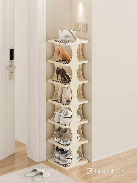 Modern Light Colored Shoe Rack With Multiple Shelves Holding High Heels Sneakers And Boots 3d model 