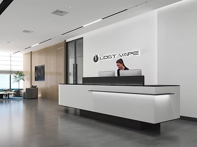 LOST VAPE Modern Reception Desk Interior With White Walls Wooden Accents And Spacious Design 3d model