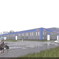 Modern Industrial Factory Building Exterior With Gray Blue Facade Large Windows And Roadside Greenery