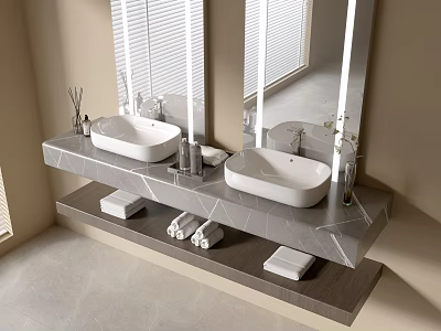 Modern Bathroom Vanity With Double Sinks Marble Countertop Large Mirror And Towels 3d model