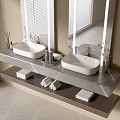 Modern Bathroom Vanity With Double Sinks Marble Countertop Large Mirror And Towels