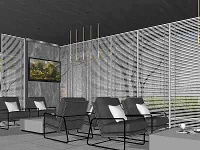 Modern Pergola Interior With Gray Chairs White Cushions Louvered Partitions And Hanging Lights 3d model