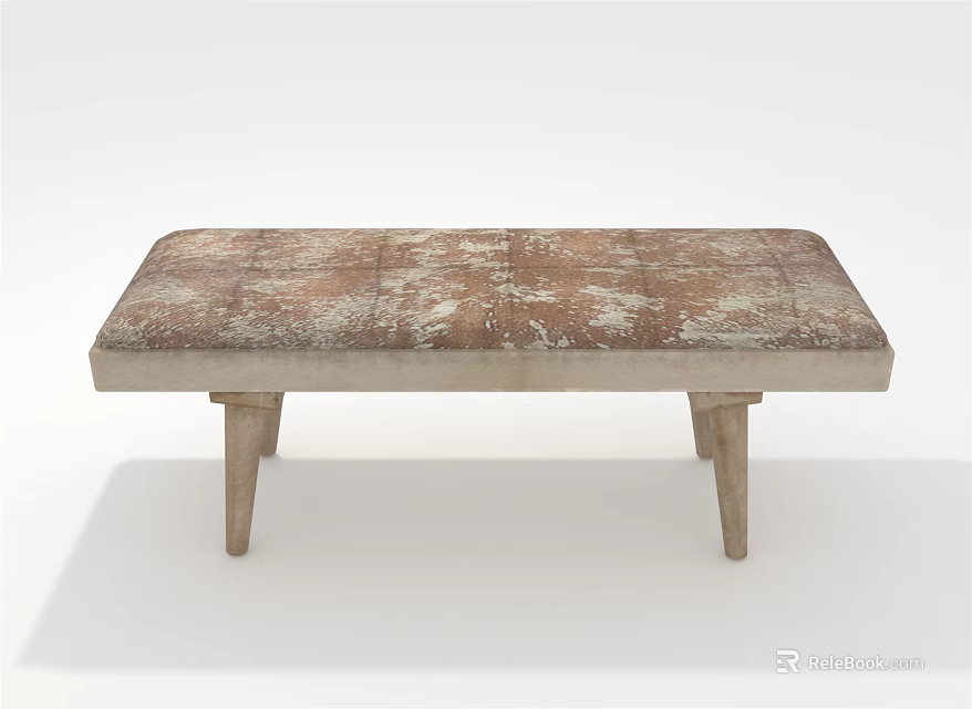 Vintage Upholstered Ottoman Bench With Textured Brown Beige Fabric And Wooden Legs 3d model 