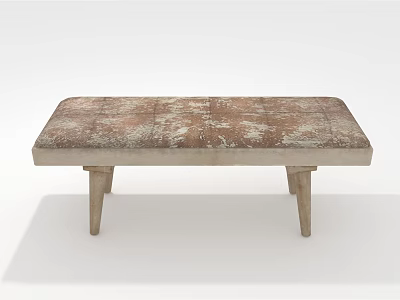 Vintage Upholstered Ottoman Bench With Textured Brown Beige Fabric And Wooden Legs 3d model