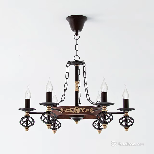 Classic Wooden Metal Chandelier With Candle Lights Ornate Chains And Decorative Details 3d model 