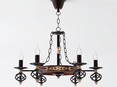 Classic Wooden Metal Chandelier With Candle Lights Ornate Chains And Decorative Details 3d model