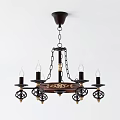 Classic Wooden Metal Chandelier With Candle Lights Ornate Chains And Decorative Details