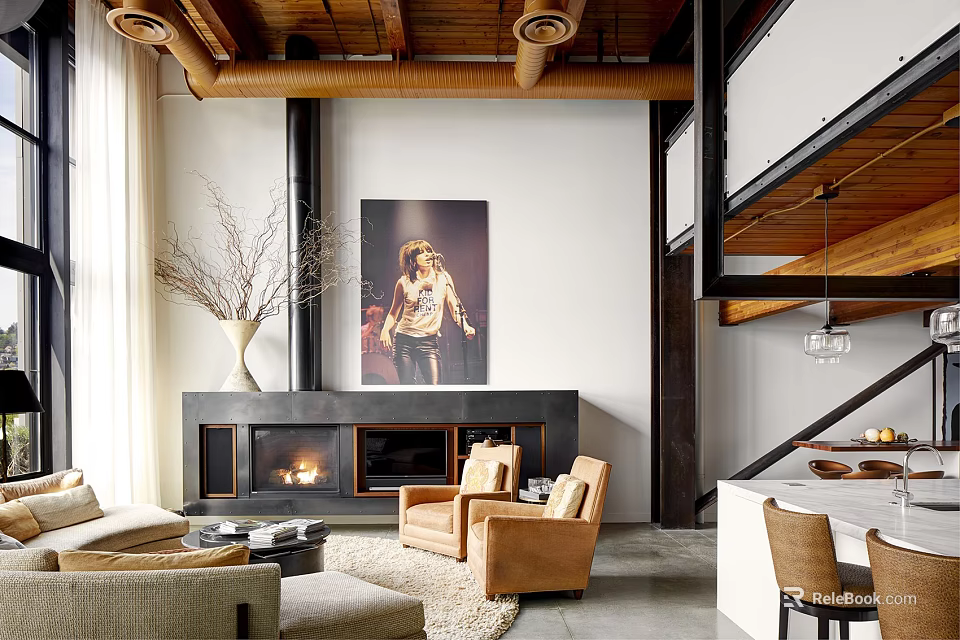 Duplex Living Room With High Ceiling Industrial Pipes Large Decorative Painting Fireplace And Comfortable Seating 3d model 