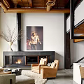 Duplex Living Room With High Ceiling Industrial Pipes Large Decorative Painting Fireplace And Comfortable Seating