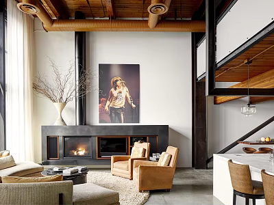 Duplex Living Room With High Ceiling Industrial Pipes Large Decorative Painting Fireplace And Comfortable Seating 3d model