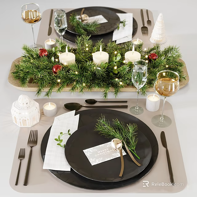 Elegant Dinnerware Set with Black Plates Wine Glasses Candles Greenery and Cutlery 3d model 
