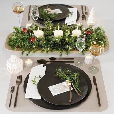 Elegant Dinnerware Set with Black Plates Wine Glasses Candles Greenery and Cutlery 3d model