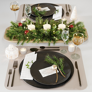 Modern Tableware Christmas Dining Table Set Dinner Plate Candle Loose Leaves 3d model