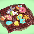 Colorful Easter Themed Cookies On Wooden Board With Red Checkered Cloth