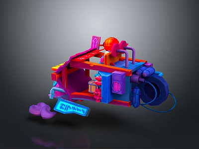 Vibrant 3D Rendered Motorcycle with Purple Blue Red Accents Complex Mechanical Parts Futuristic Cyberpunk Design 3d model