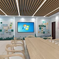 Modern Meeting Room Interior With Long Wooden Table White Chairs Bookshelves Green Plants