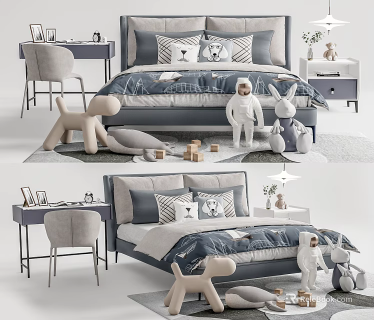 Kids Bed With Gray And Blue Bedding Cartoon Pillows Stuffed Toys Building Blocks And Nightstand 3d model 