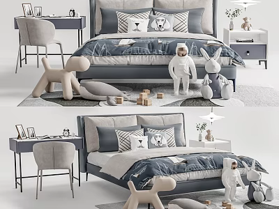 Kids Bed With Gray And Blue Bedding Cartoon Pillows Stuffed Toys Building Blocks And Nightstand 3d model