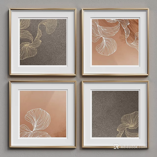 Four Golden Framed Wall Art With Leaf Line Pattern And Brown Pink Background 3d model