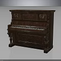 Vintage Wooden Upright Piano With Intricate Carved Details And Dark Brown Finish