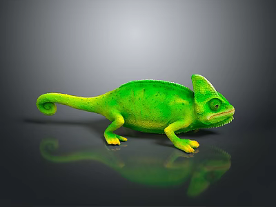 Vibrant Green Chameleon Reptile with Curled Tail on Black Surface and Reflection 3d model