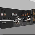 Guitar Exhibition Booth With Wall Mounted Guitars Amplifiers Chairs And Tables