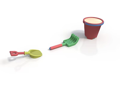 Colorful Children's Toy Set With Shovel Rake And Red Bucket 3d model