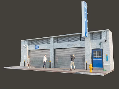 Small Gray Building With Roller Shutters Blue Sign Blue Door And Pedestrians Walking 3d model
