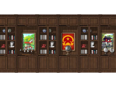 Traditional Dark Brown Wooden Bookcase With Integrated Cabinet Doors Compartments Books And Decorative Paintings 3d model