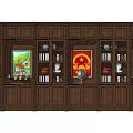 Traditional Dark Brown Wooden Bookcase With Integrated Cabinet Doors Compartments Books And Decorative Paintings