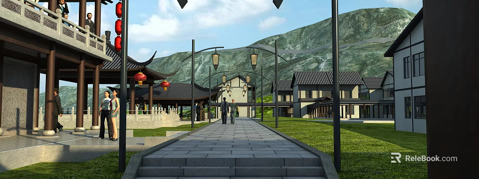 Ancient Architecture Complex Featuring Traditional Roofs Stone Pavement Red Lanterns And Mountain View 3d model