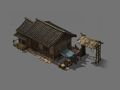 Traditional Ancient Building With Tiled Roof Thatched Awning And Wooden Tables 3d model