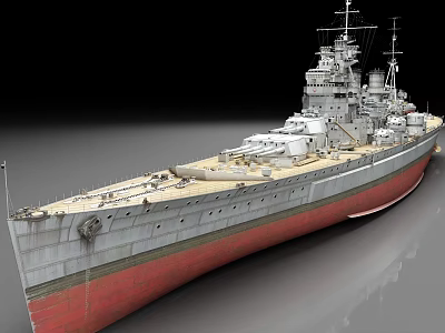 Detailed Large Battleship Warship With Multiple Gun Turrets And Gray Red Hull 3d model