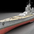 Detailed Large Battleship Warship With Multiple Gun Turrets And Gray Red Hull