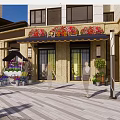 Vibrant Commercial Street with Multi Story Buildings Various Shops Pedestrians And Paved Plaza Area