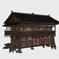 Traditional Chinese Ancient Building With Two Story Wooden Structure Black Tiled Roof And Red Decorations