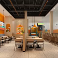 SUPER FOOD Restaurant Interior With Orange Walls Tables Chairs And Menu Screens