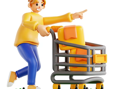 Man Pushing Shopping Cart With Packages Pointing To Store Aisle While Shopping 3d model